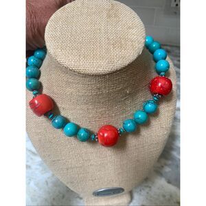 Turquoise Howlite Vibrant Red Coral Chunky Bead Necklace #vintage #RARE FIND